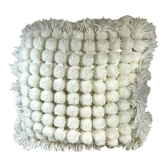 Vintage BOHO Handmade White Pom Pom Pillow Cushion Throw Fringe Cottage Core - Picture 1 of 6
